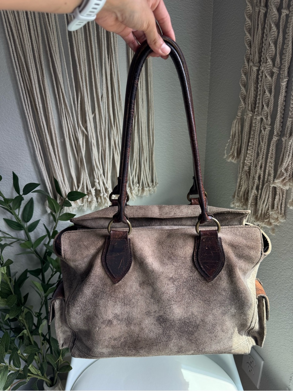 Juan Antonio Brown Suede Leather Tote Bag Large Made USA Western Boho Distressed